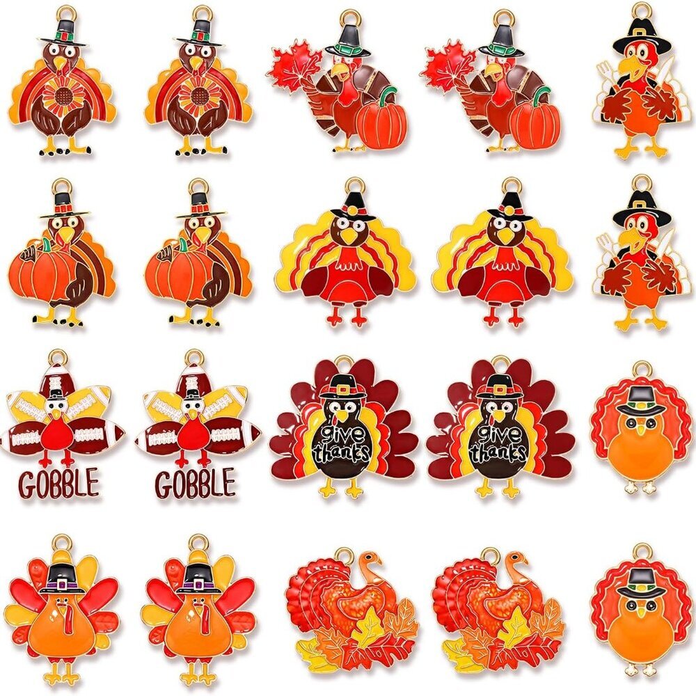 32PCS Fall Charms for Jewelry Making, Thanksgiving Enamel Charms Pumpkin Turkey